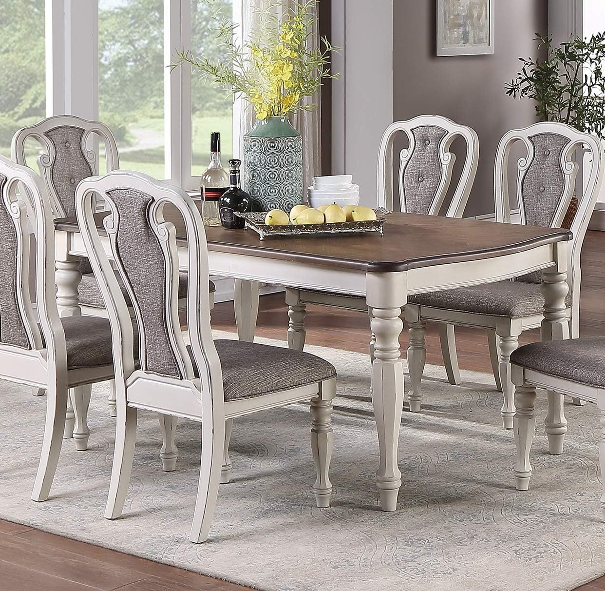 Transitional Dining Table Rectangle Oak Top Antique White