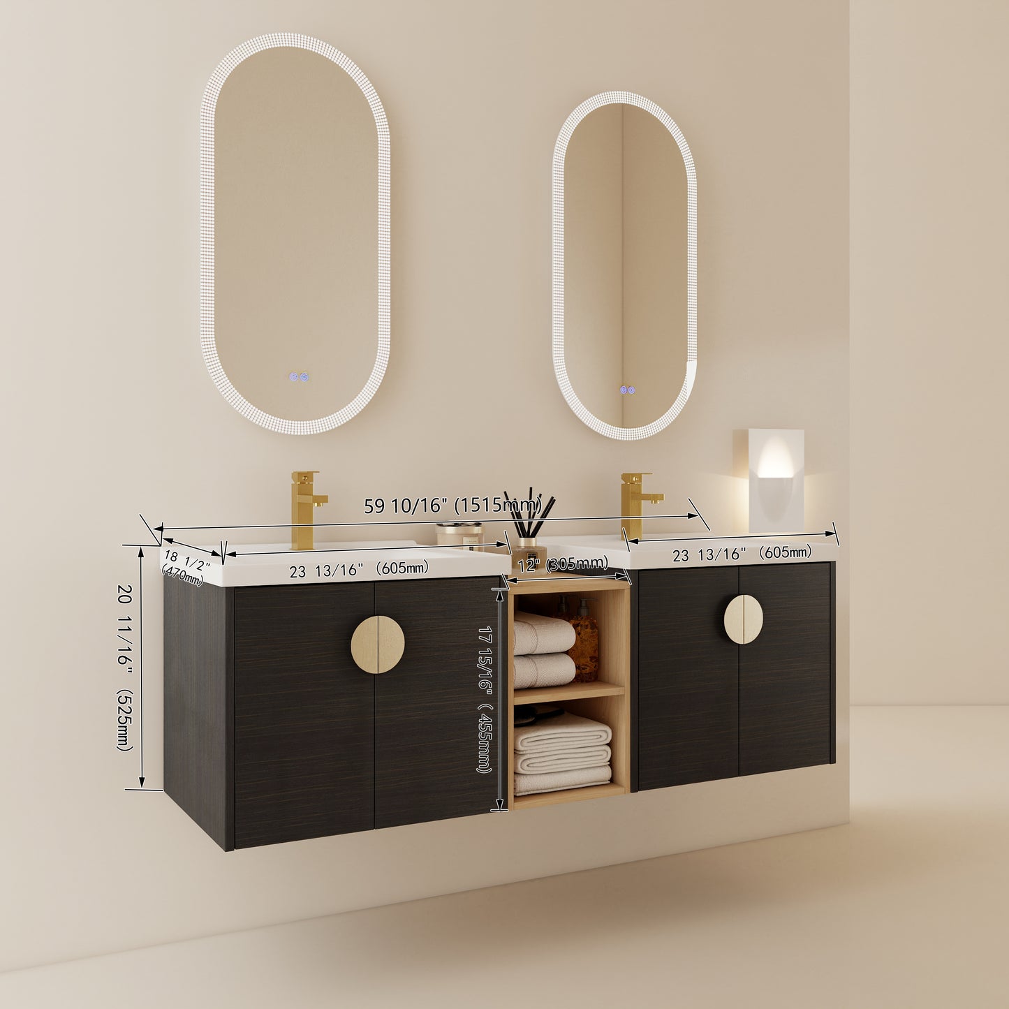 60 Inch Wall-Mounted Bathroom Vanity with Soft Close Doors and Ceramic Sink, Includes Small Storage Shelves - BVC06360BCT