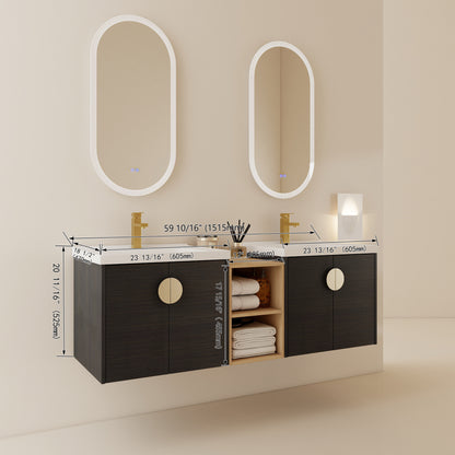 60 Inch Wall-Mounted Bathroom Vanity with Soft Close Doors and Ceramic Sink, Includes Small Storage Shelves - BVC06360BCT