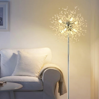 Crystal Floor Lamp, 69-Inch Tall, 8-Head Sputnik, 32 Firework Crystal Ornaments Included, Chrome Finish