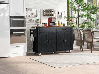 Rolling Farmhouse Kitchen Island with Power Outlet, Drop Leaf Design, Ample Storage, and Spice Rack - Black