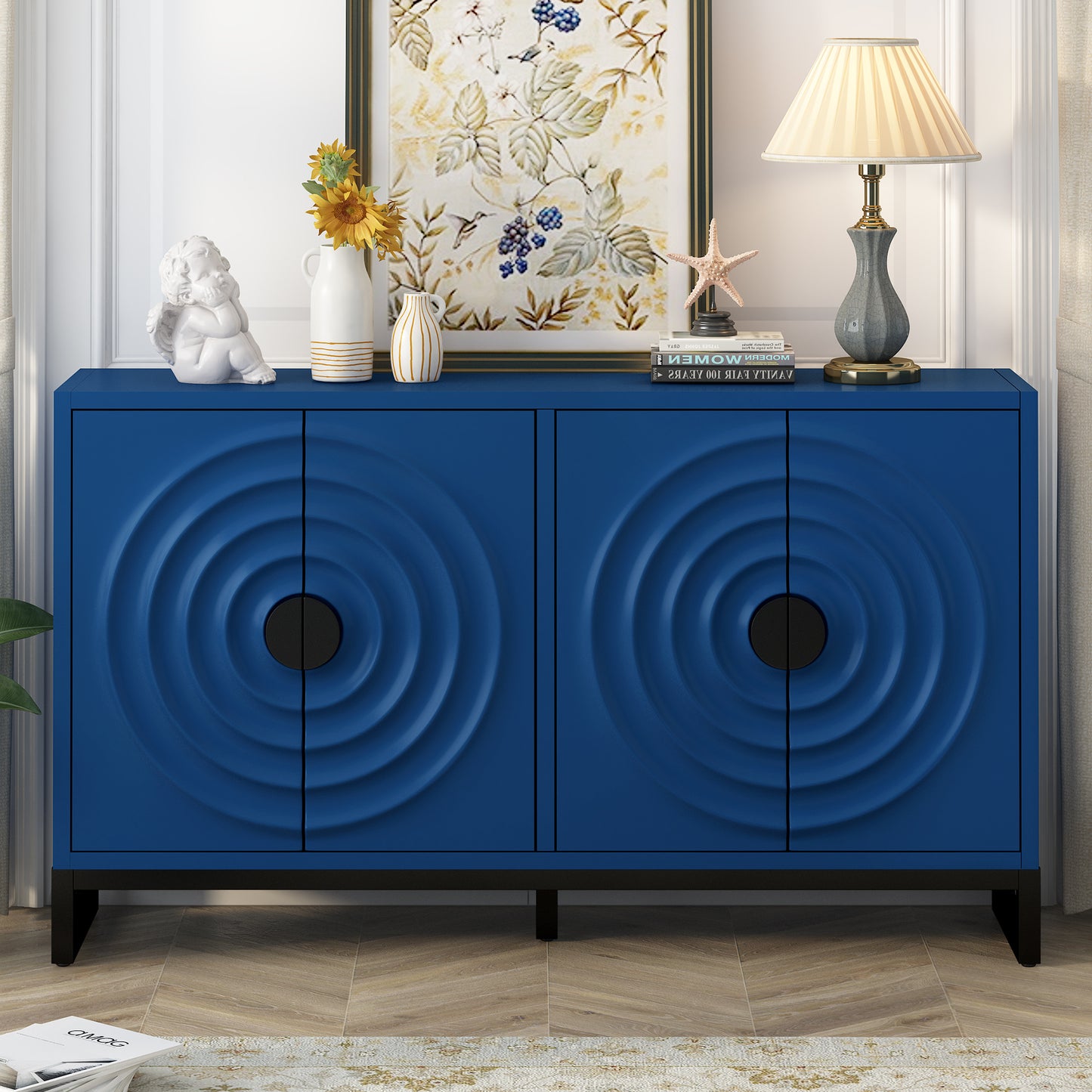 U-Style Storage Cabinet Sideboard Wooden Cabinet with Stunning Water Wave Door Design, Rubberwood Veneer and Adjustable Shelves,Suitable for Living Rooms, Entrance and Study Rooms, Blue