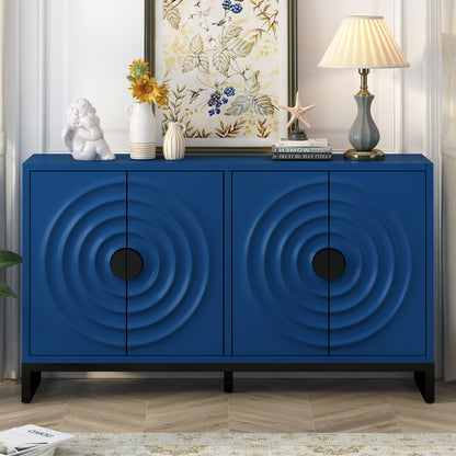 U-Style Storage Cabinet Sideboard Wooden Cabinet with Stunning Water Wave Door Design, Rubberwood Veneer and Adjustable Shelves,Suitable for Living Rooms, Entrance and Study Rooms, Blue
