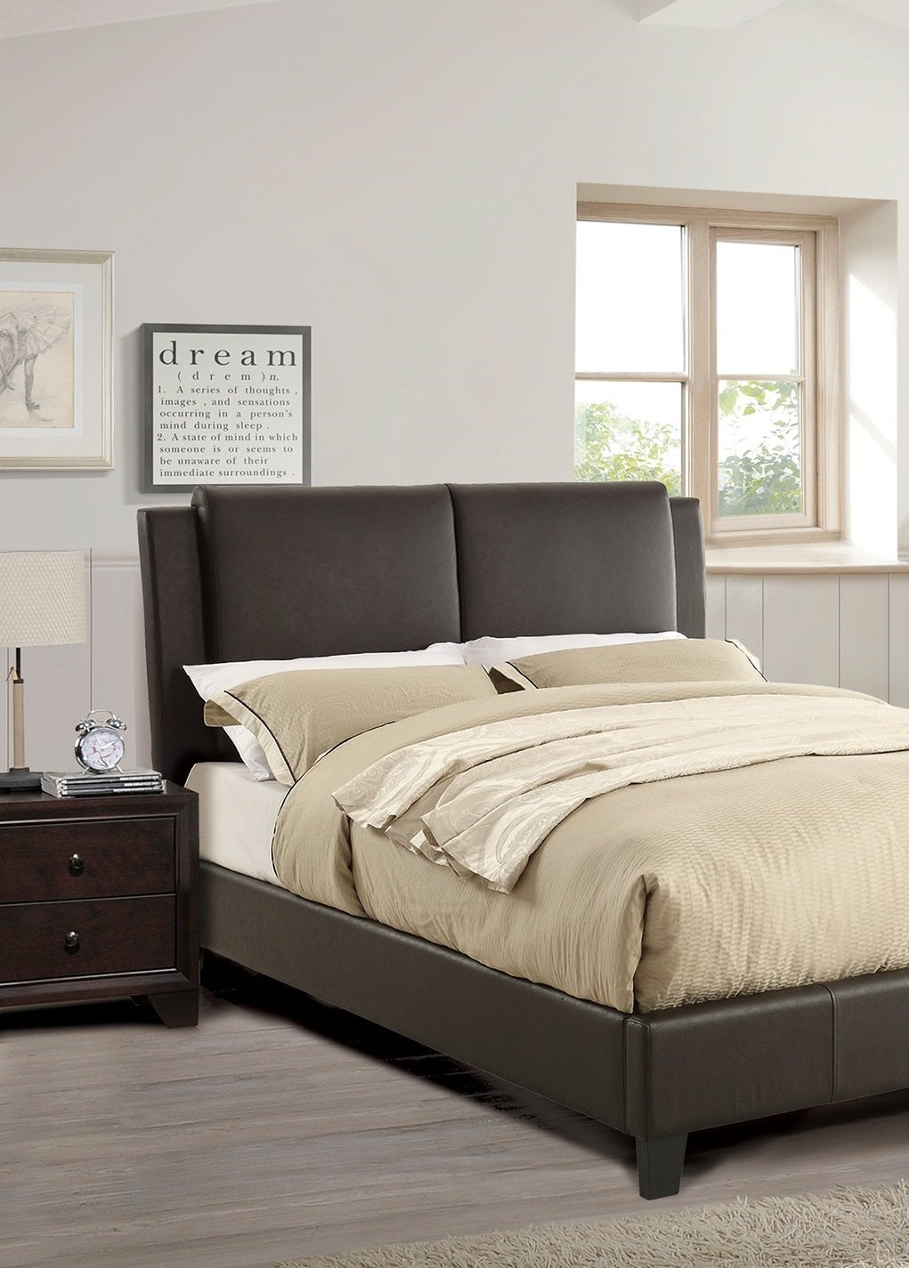 Luxurious Brown Faux Leather Queen Bed Set with Two-Panel Headboard for Modern Bedrooms