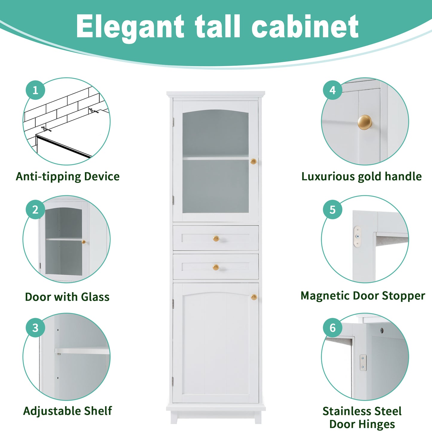 Elegant 63" Tall White Bathroom Storage Cabinet with Glass Doors, Two Drawers, Adjustable Shelves, and Anti-Tipping Design - Perfect for Organizing and Displaying Essentials
