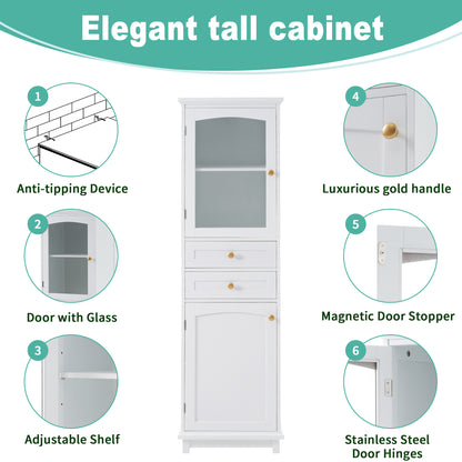 Elegant 63" Tall White Bathroom Storage Cabinet with Glass Doors, Two Drawers, Adjustable Shelves, and Anti-Tipping Design - Perfect for Organizing and Displaying Essentials