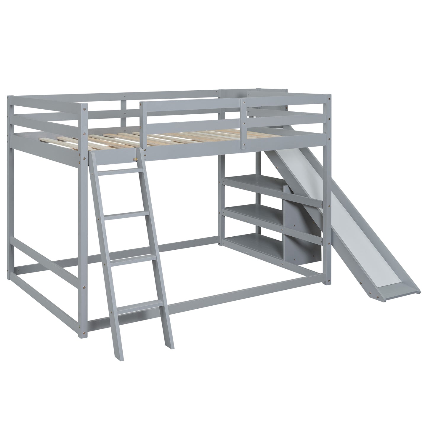 Gray Full Over Full Bunk Bed with Slide, Ladder, and Storage Shelves