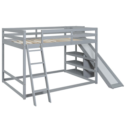 Gray Full Over Full Bunk Bed with Slide, Ladder, and Storage Shelves
