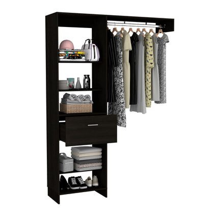 Manchester 150 Modern Closet Organizer with Metal Rod, Open Shelving, and Drawer - Black