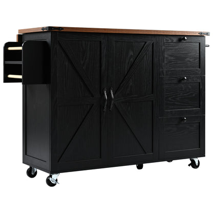 54.5" Rustic Farmhouse Kitchen Island with Power Outlet, Internal Storage, Drop Leaf, and Rolling Wheels for Home and Dining Room - Black