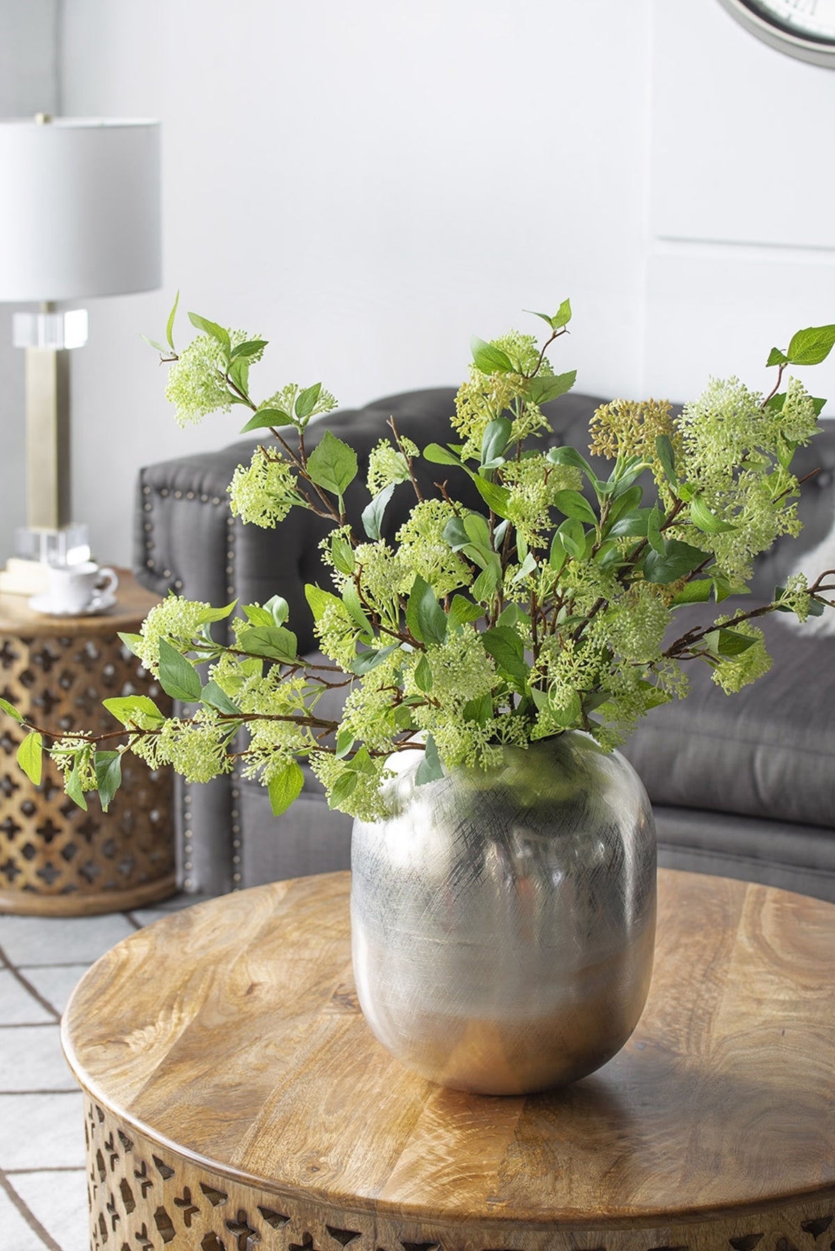 10.5x10.5x13 in Aluminum Decorative Vase for Tables and Mantels, Lightweight Round Modern Vessel Silver Streaks