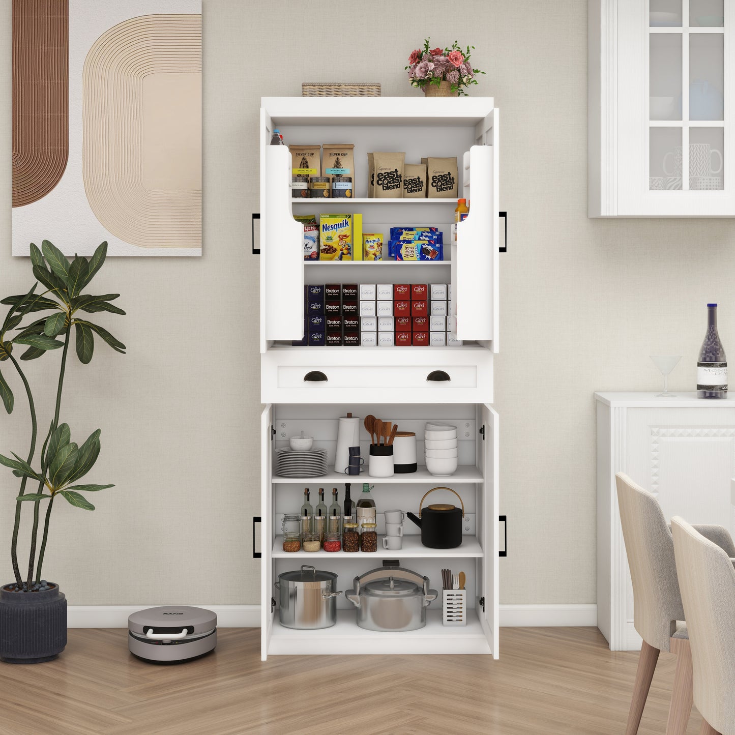 Elegant 71" White Freestanding Kitchen Pantry Cabinet with 4 Doors, 1 Drawer, Adjustable Shelves for Versatile Storage