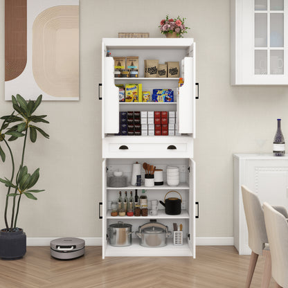 Elegant 71" White Freestanding Kitchen Pantry Cabinet with 4 Doors, 1 Drawer, Adjustable Shelves for Versatile Storage
