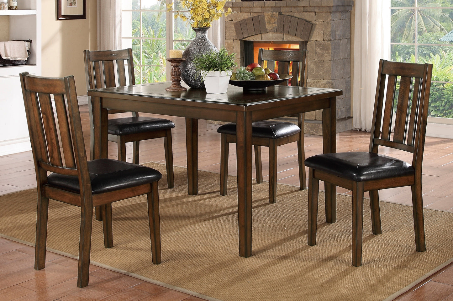Five Piece Dining Set Dinette Dark Brown Cherry Finish