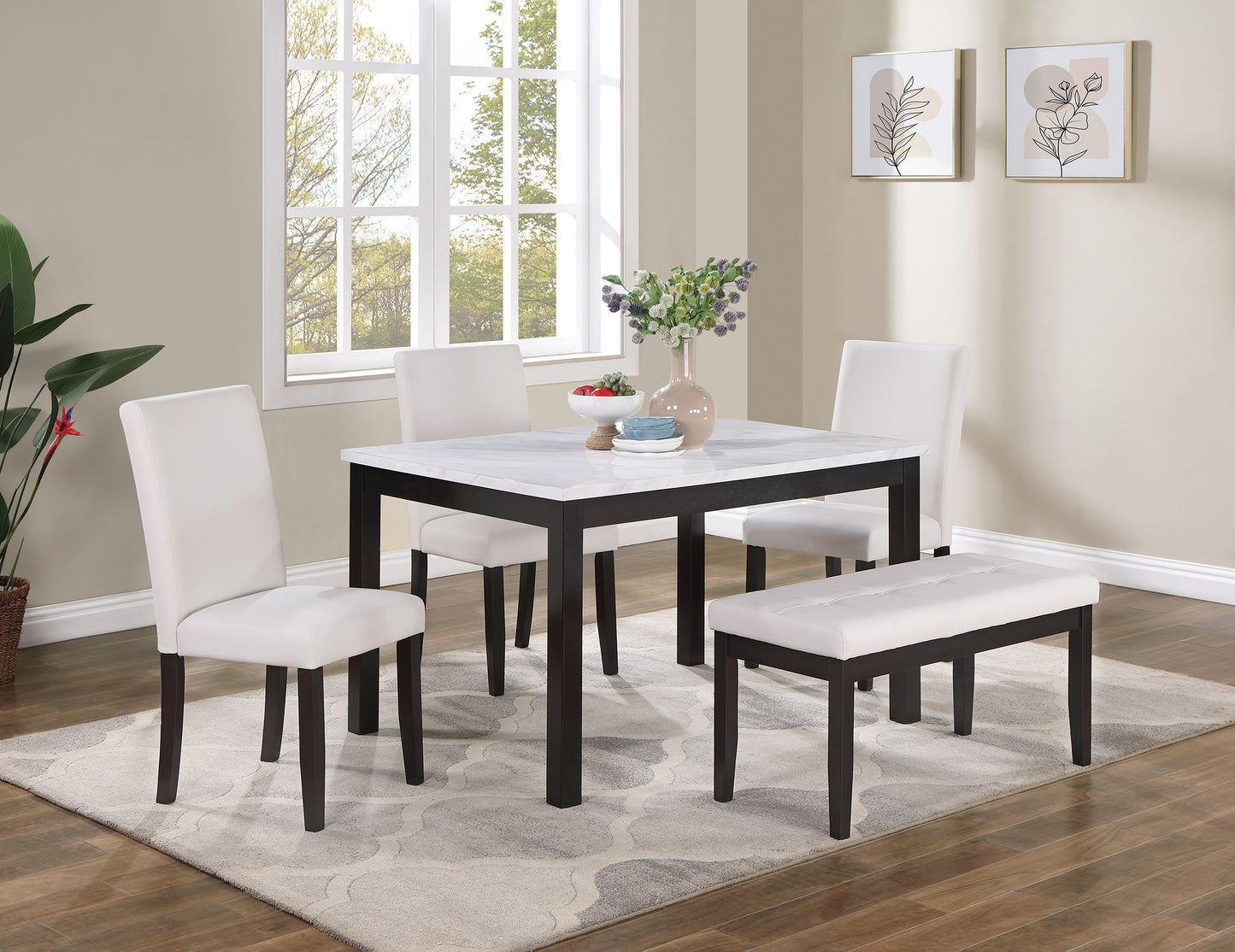 Faux Marble Top 5Pc Dining Set With Bench And Chairs White