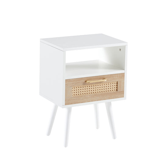 End Table with Rattan Drawer, MDF Body, Solid Wood Legs, 15.75 x 11.81 x 22.05 in, 120 lb Capacity, White