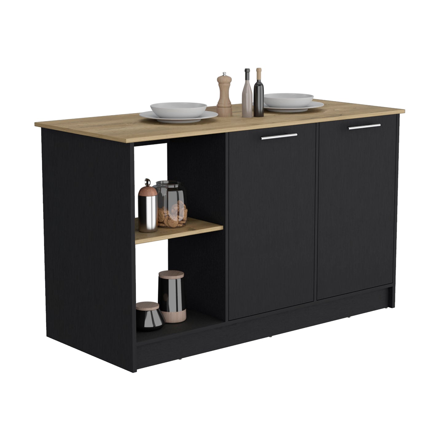 Spacious Black and Macadamia Kitchen Island with Open Shelves and Double Door Storage