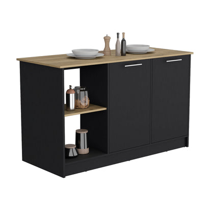 Spacious Black and Macadamia Kitchen Island with Open Shelves and Double Door Storage