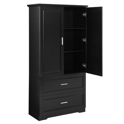 Black Tall Storage Cabinet with Adjustable Shelves, Doors, and Drawers - MDF Construction