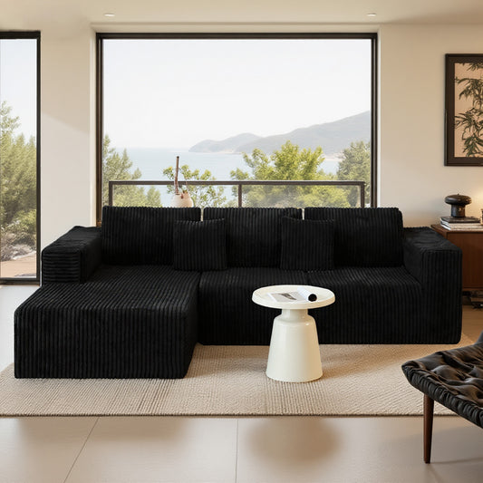 Modular Sectional Sofa with L-Shaped Right Chaise, Corduroy Upholstery, No Assembly, Black Plush Corduroy
