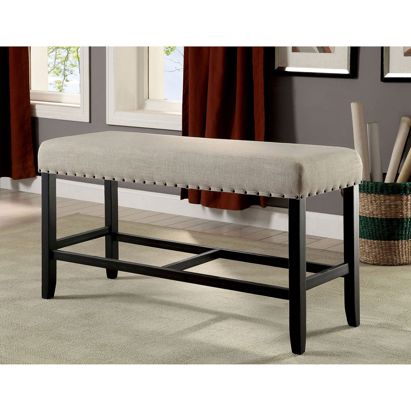 44W Counter Height Dining Bench, 25H, Solid Wood, Linen Beige Upholstery, Nailhead Trim, Rustic, Black