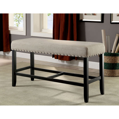 44W Counter Height Dining Bench, 25H, Solid Wood, Linen Beige Upholstery, Nailhead Trim, Rustic, Black