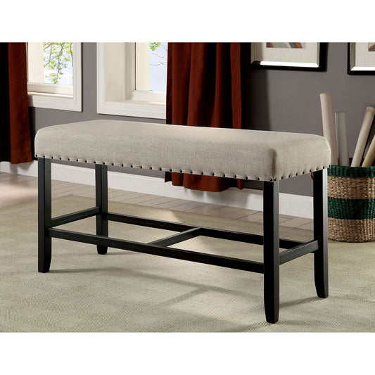 44W Counter Height Dining Bench, 25H, Solid Wood, Linen Beige Upholstery, Nailhead Trim, Rustic, Black