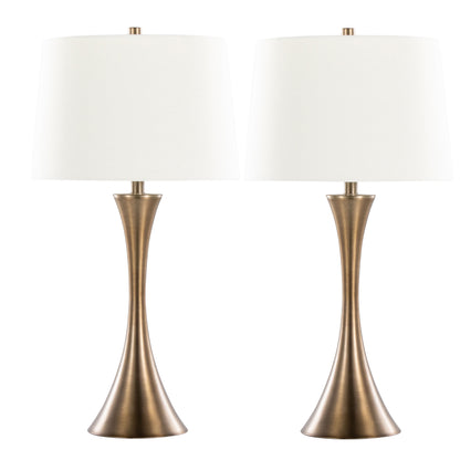 Set of 2 29-Inch Metal Table Lamps with Off-White Linen Drum Shade, 3-Way Switch Matte Golden Bronze