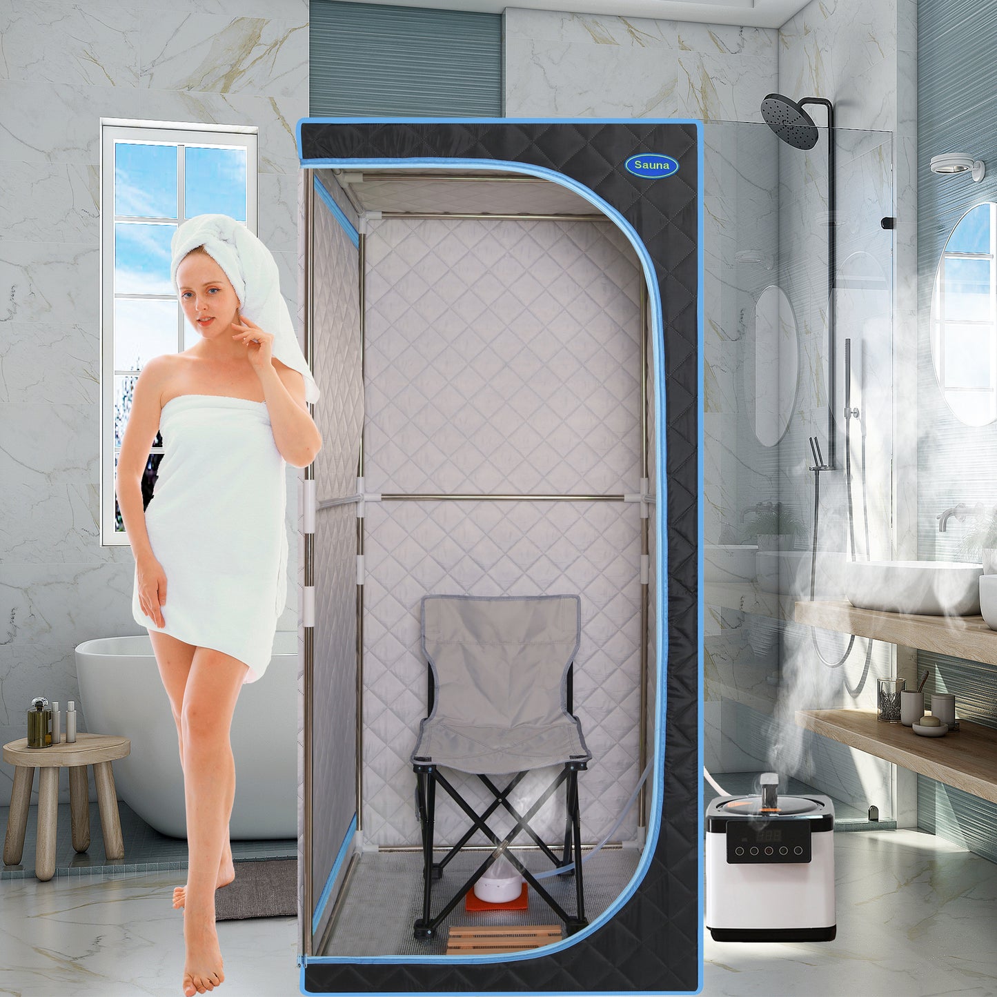 Full Body Portable Steam Sauna Tent for Home Spa Large 31.5in Square 68.9in 1000W 2.6L Pot FCC Black