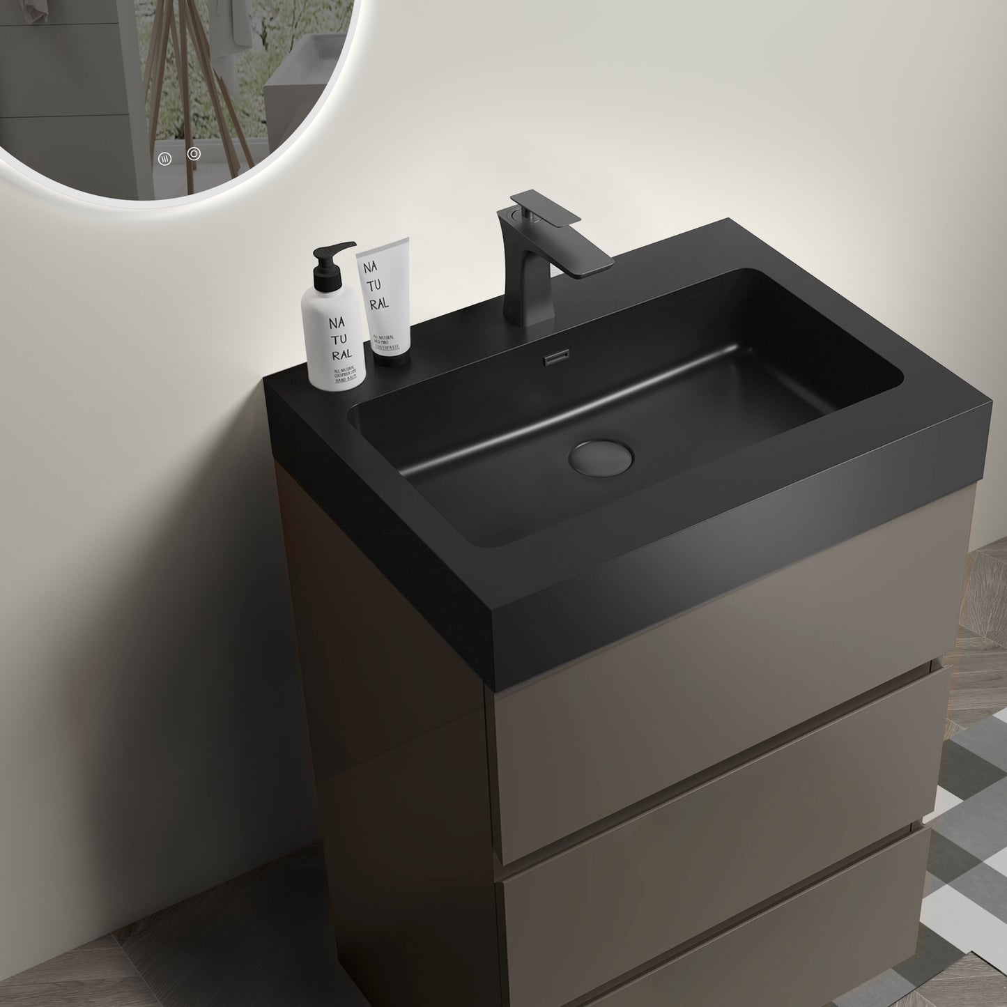 Contemporary 24" Gray Bathroom Vanity with Black Sink Basin, Stylish Freestanding Design for Modern Spaces, Pre-assembled with Ample Storage Solutions