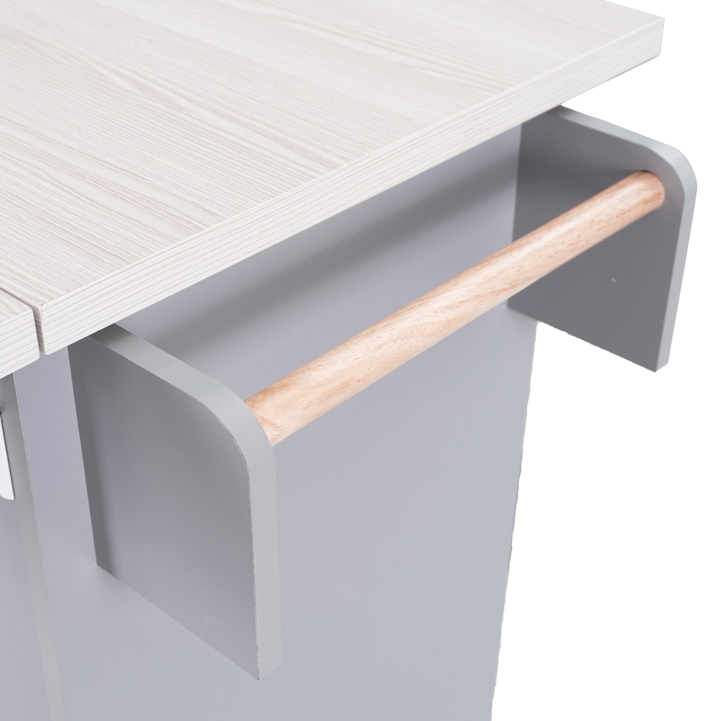 Grey Rolling Kitchen Island with Drop Leaf and Trash Can Storage, Spice Rack, Towel Rack, and Adjustable Shelves