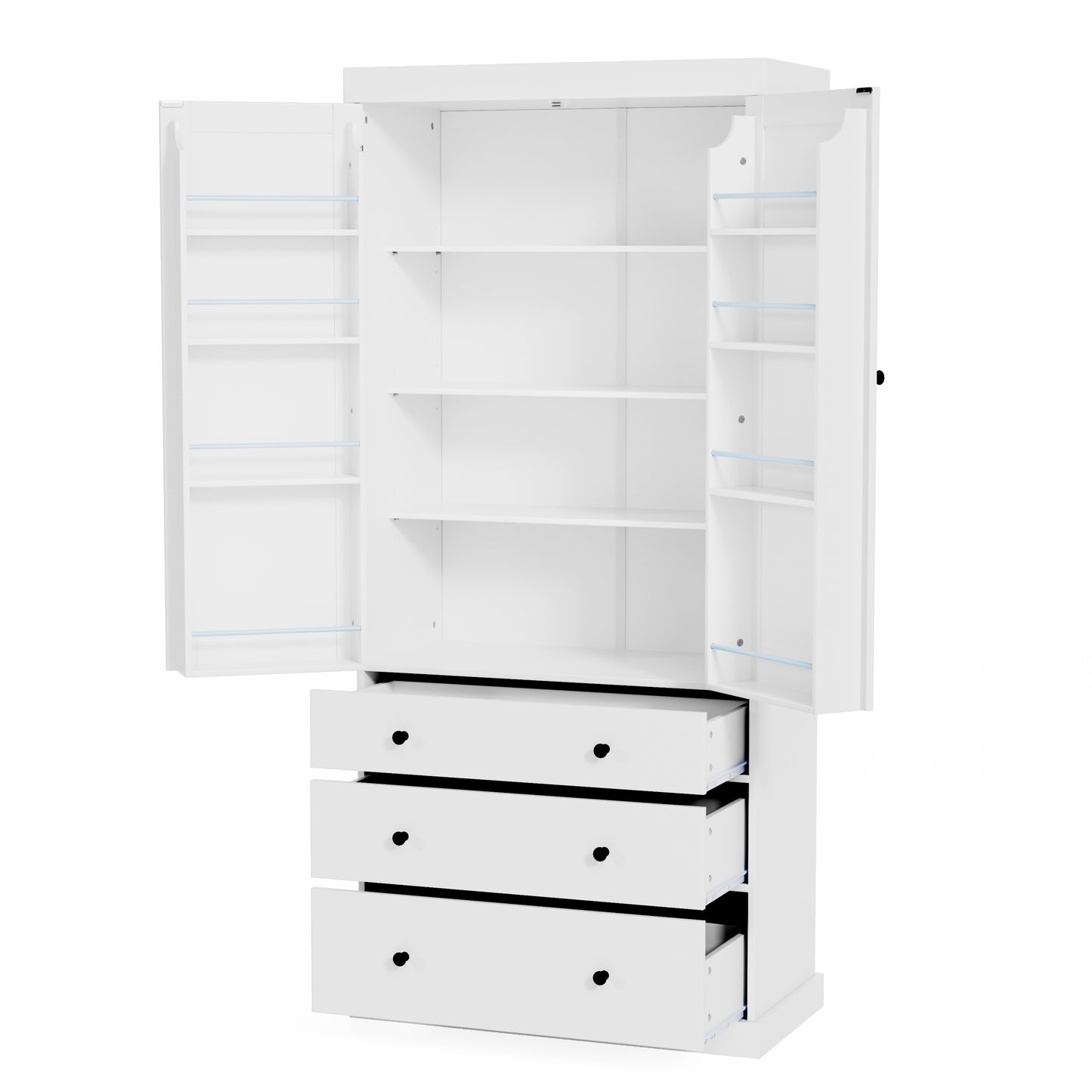 Tall White Farmhouse Kitchen Pantry - 77" Freestanding Storage Cabinet with Adjustable Shelves, Door Shelves, and Drawers