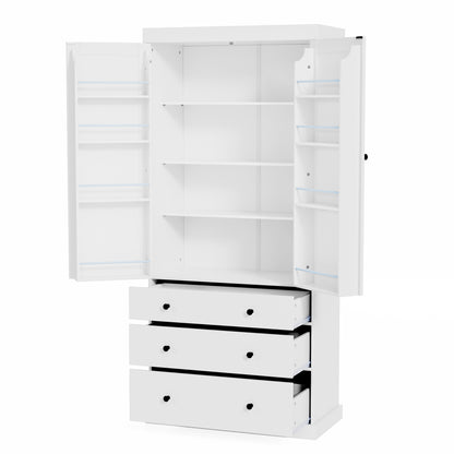 Tall White Farmhouse Kitchen Pantry - 77" Freestanding Storage Cabinet with Adjustable Shelves, Door Shelves, and Drawers