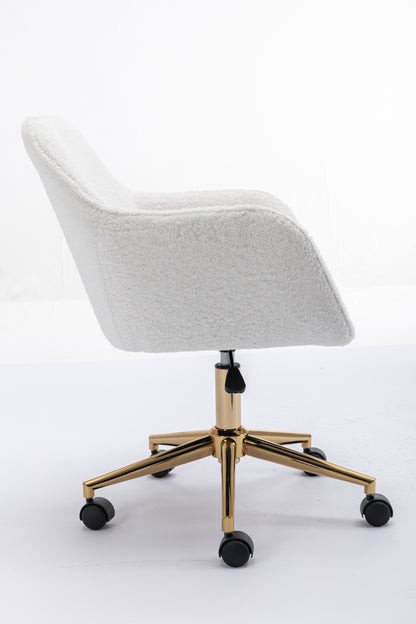 Elegant White Teddy Fabric Home Office Chair with Gold Metal Legs and 360° Swivel Function