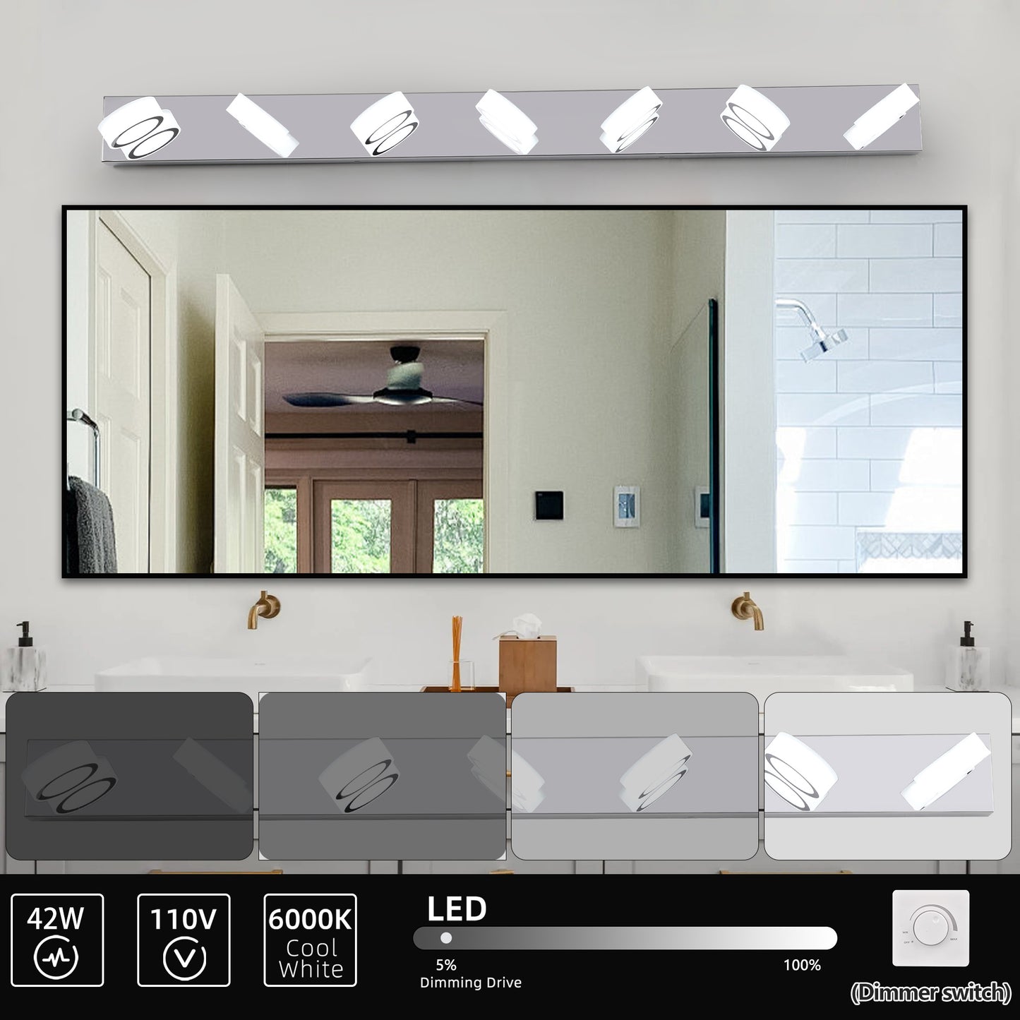 7-Light LED Vanity Sconce with Acrylic Shades, Dimmable, 52-Inch Length, Energy-Efficient Bathroom Chrome