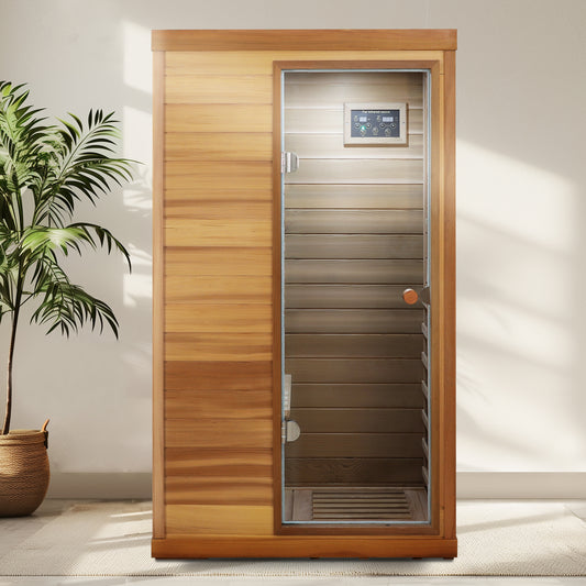 One-Person Indoor Far Infrared Sauna with Glass Door, Right Entry, 6 Heating Panels Caramel