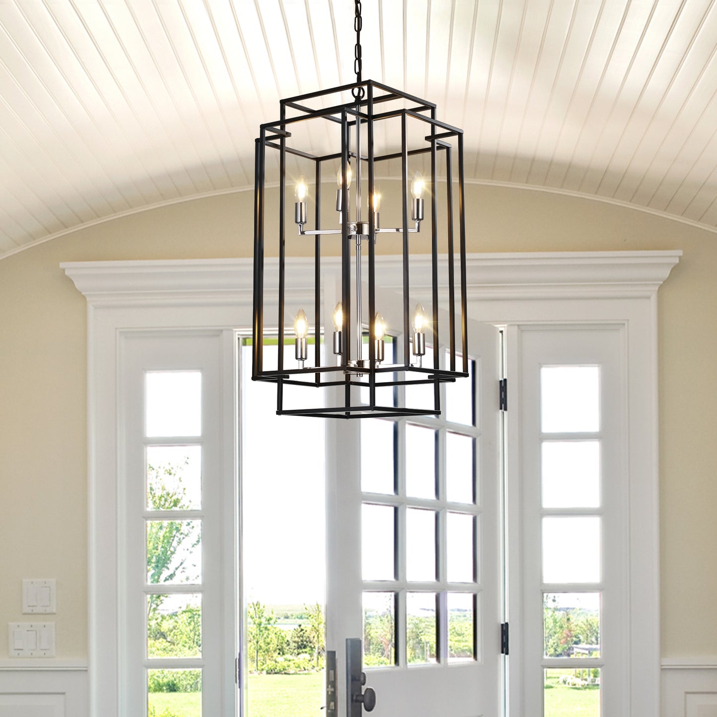 8-Light Lantern Pendant Light Industrial Farmhouse Chandelier for Entryway, Kitchen Island Black & Silver