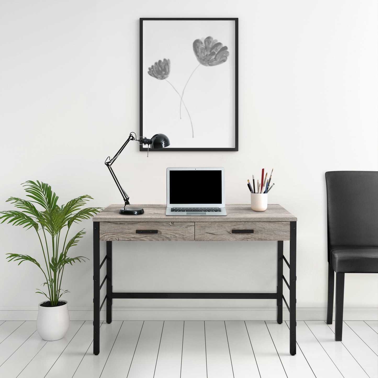 Modern Black and Weathered Oak Office Writing Desk with USB Ports and Drawers