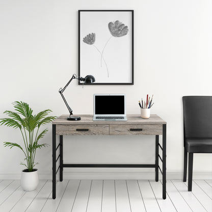 Modern Black and Weathered Oak Office Writing Desk with USB Ports and Drawers