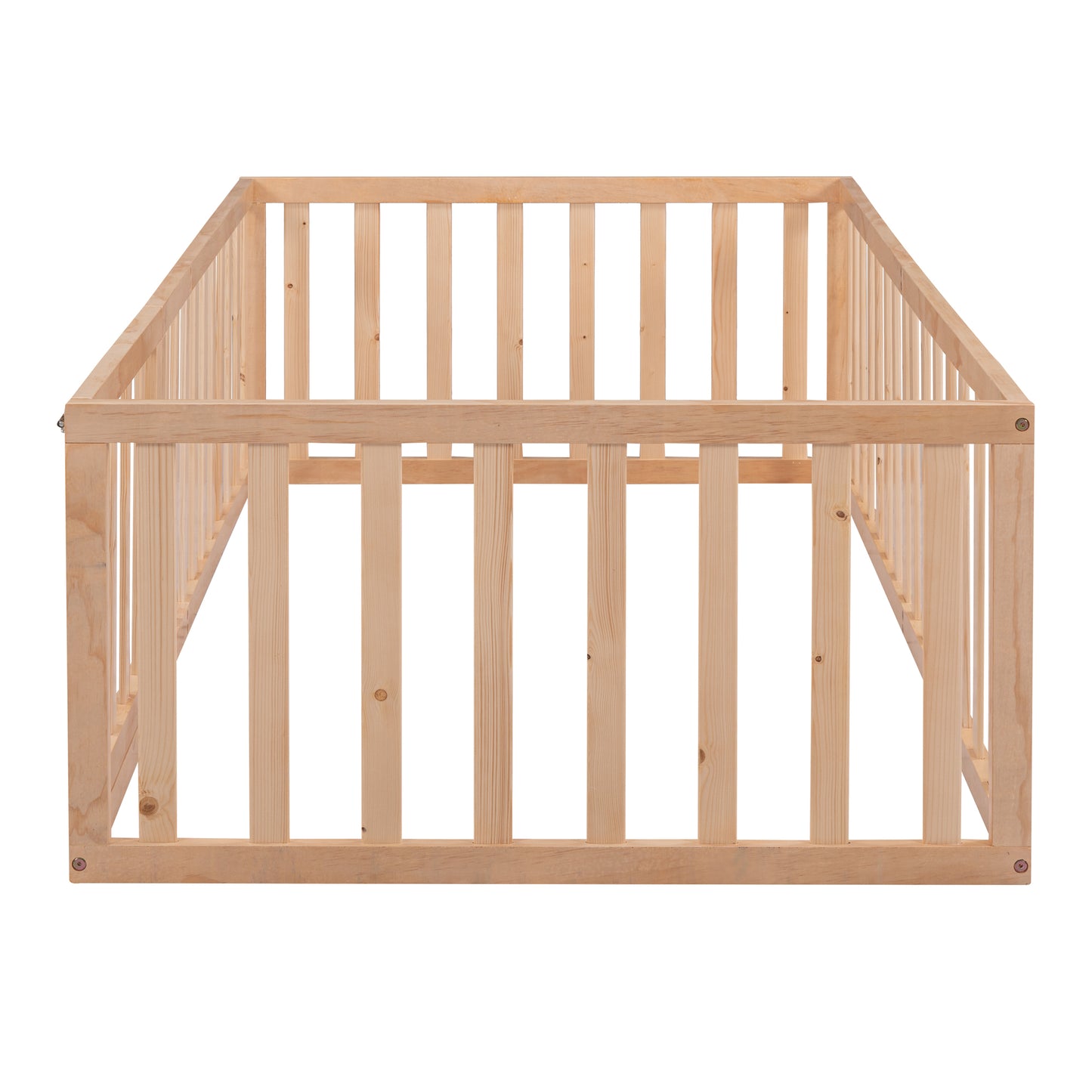 Natural Twin Size Wooden Floor Bed Frame with Playful Fence and Door
