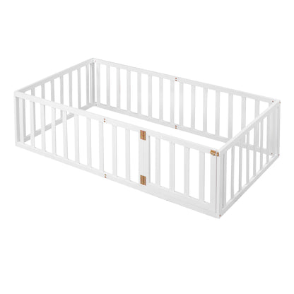 Playful Twin Wooden Floor Bed Frame for Kids with Fence and Door, White