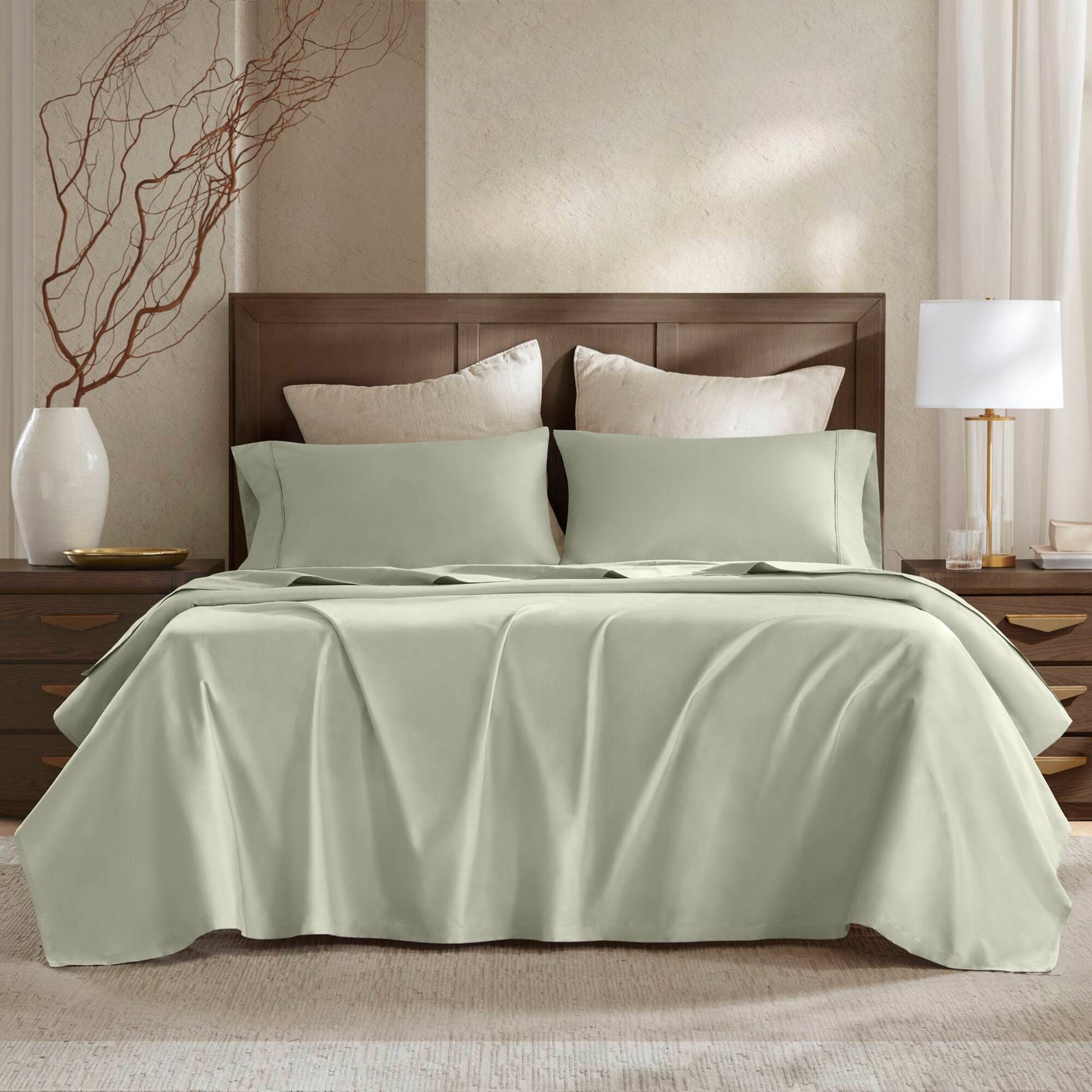 King Sateen Sheet Set, 400TC, 100% Egyptian Cotton, Flat + Fitted with 16in Pocket, 2 Pillowcases Sage