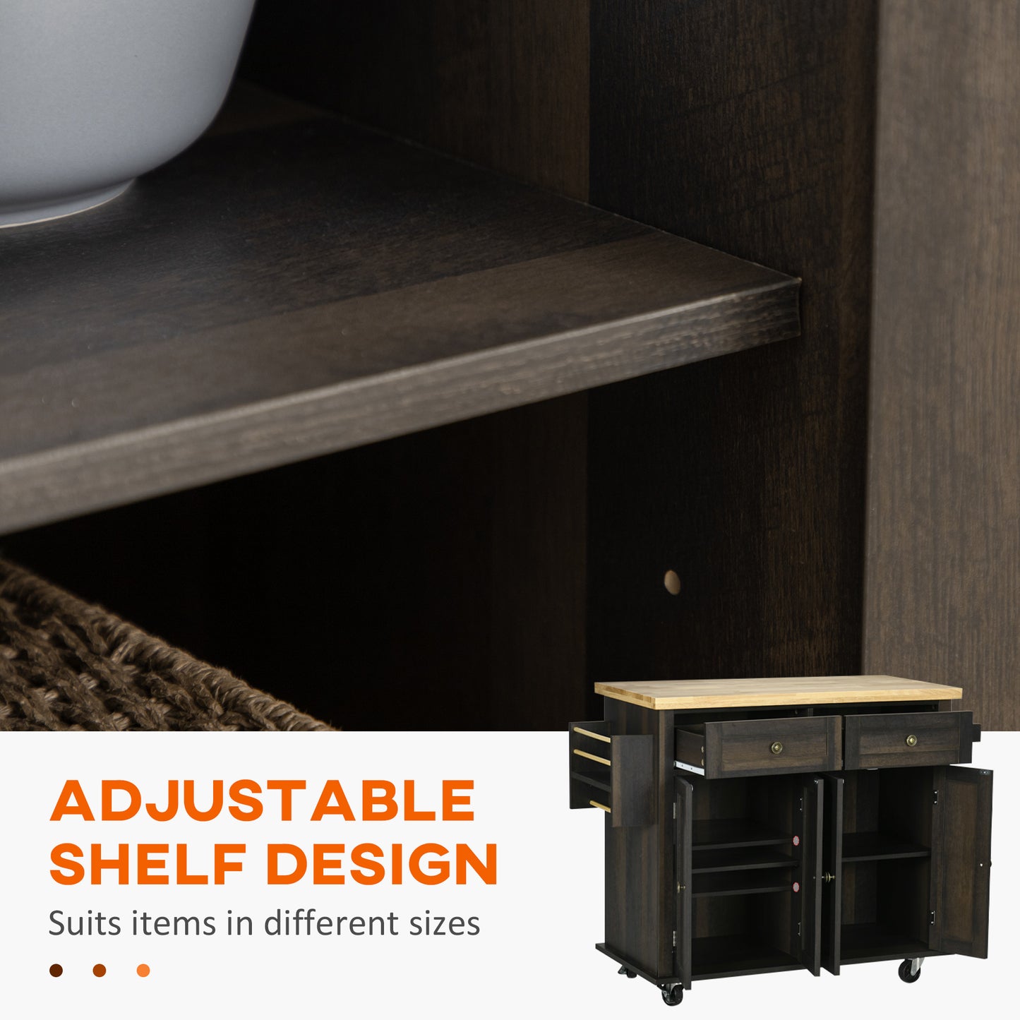 Modern Brown Oak Rolling Kitchen Island Cart with Spice Rack and Adjustable Shelves