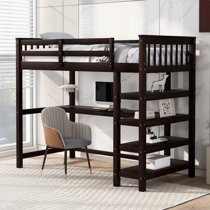 Espresso Twin Loft Bed with Integrated Workspace and Storage Shelves