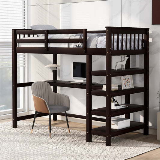 Espresso Twin Loft Bed with Integrated Workspace and Storage Shelves