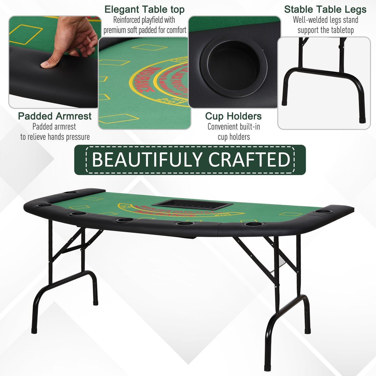 72-Inch Poker Table for 7 Players with Chip Tray and 7 Cup Holders, Blackjack Layout, MDF/Steel Green
