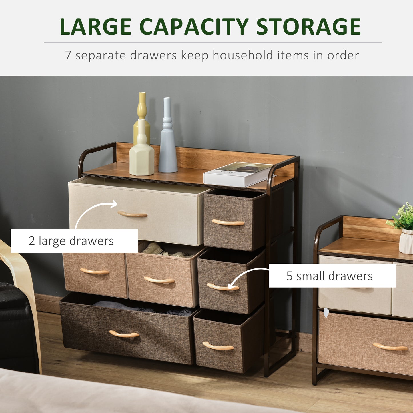 HOMCOM 7-Drawer Fabric Storage Dresser with Steel Frame and Wooden Top for Bedroom and Entryway