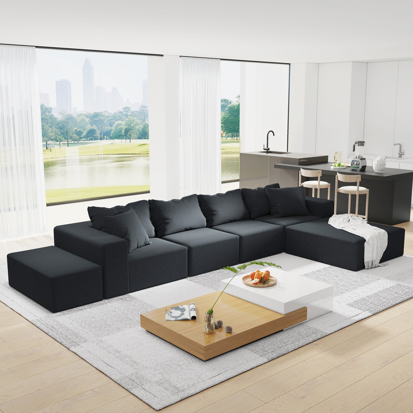 132-Inch L-Shaped Modular Sectional Sofa Set with 6 Pillows, Chenille Upholstery, Living Room Black