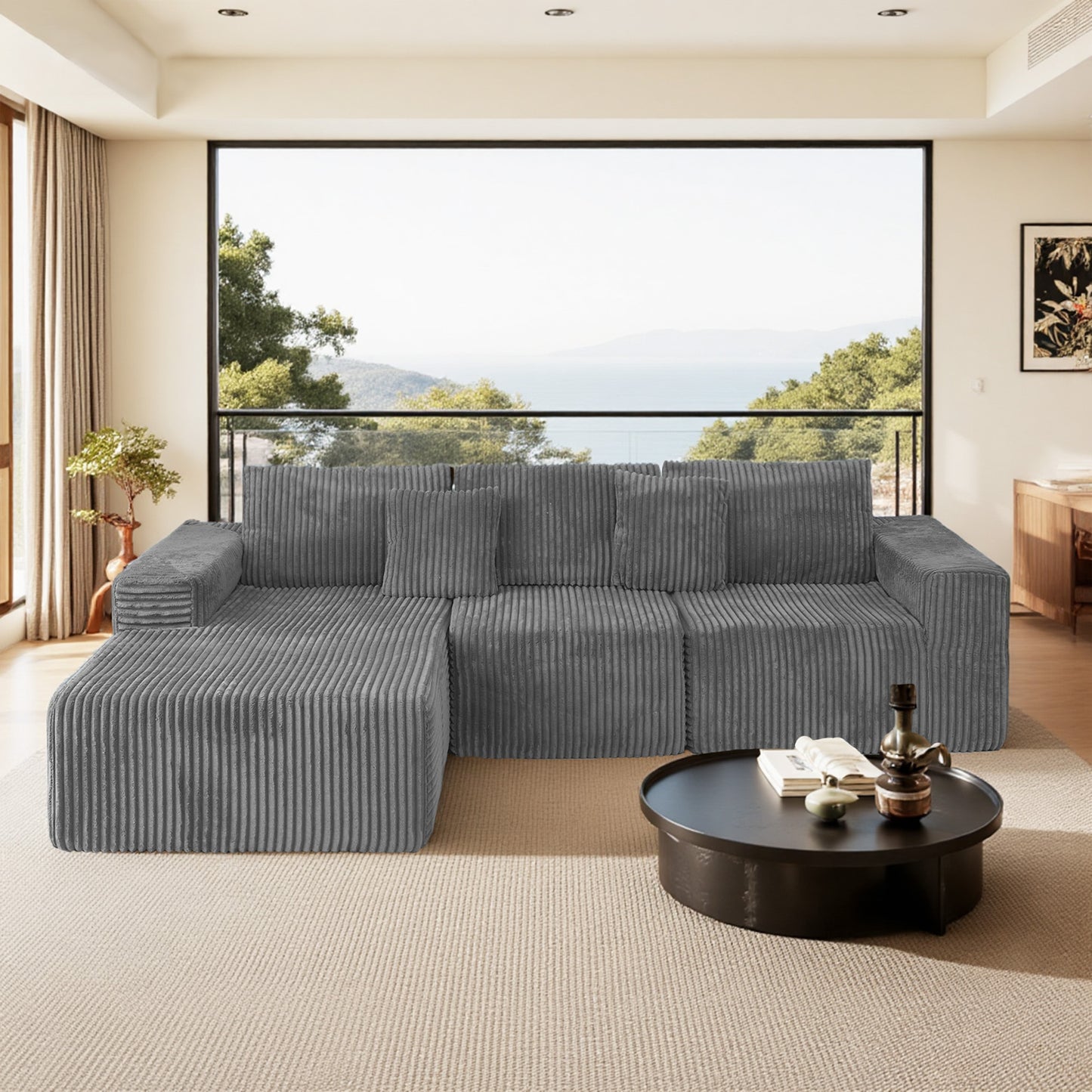112.99-Inch Modular Sectional Sofa with L-Shape Chaise, Right-Facing, No Assembly, Plush Corduroy Grey