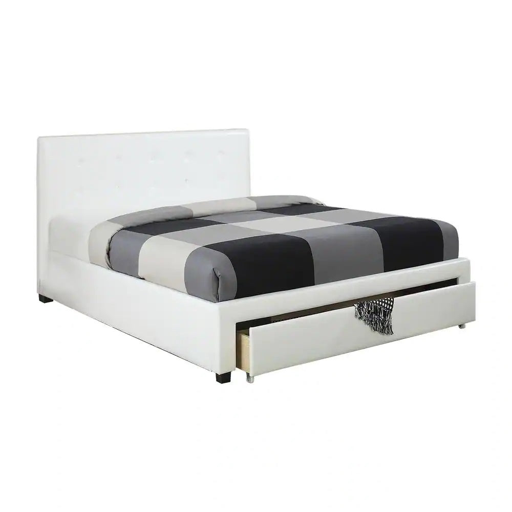 Elegant White Queen Size Bed with Faux Leather Upholstery and Under Bed Storage